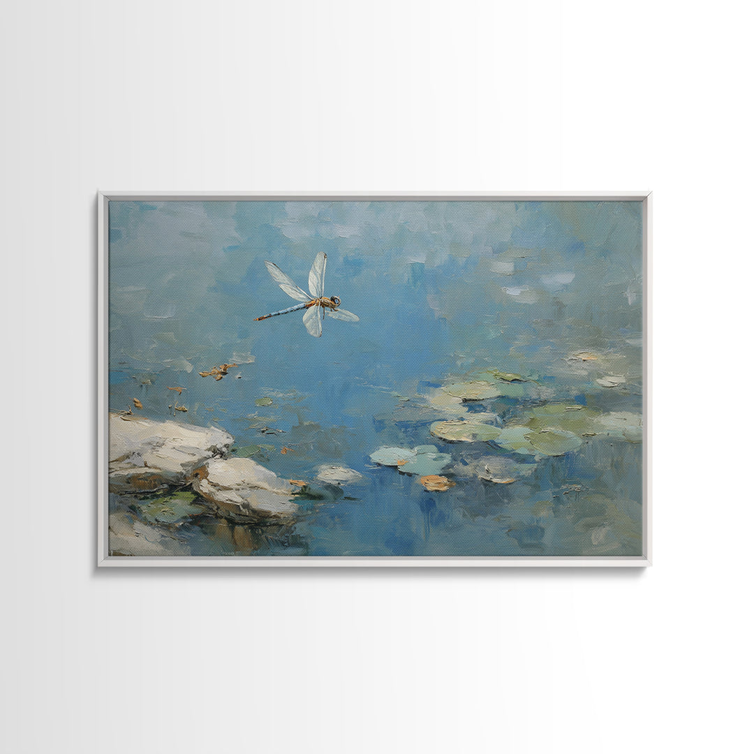Delicate Dragonfly Above a Pond Surface Framed Canvas Print, Bathroom Art, Bathroom Art Decor, Bathroom Decor, Oil Painting, BAT-3x2-100