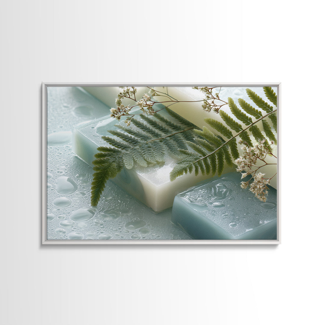 Green Fern Frond Closeup Framed Canvas Print, Bathroom Art, Home Decor, Bathroom Decor, Fine Art, Spa, Canvas Wall Art, BAT-3x2-14