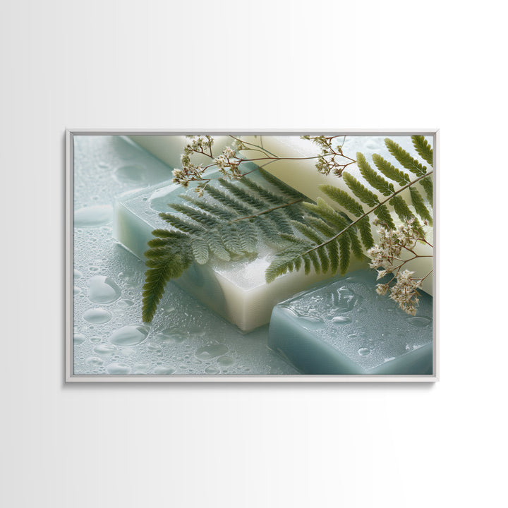 Green Fern Frond Closeup Framed Canvas Print, Bathroom Art, Home Decor, Bathroom Decor, Fine Art, Spa, Canvas Wall Art, BAT-3x2-14
