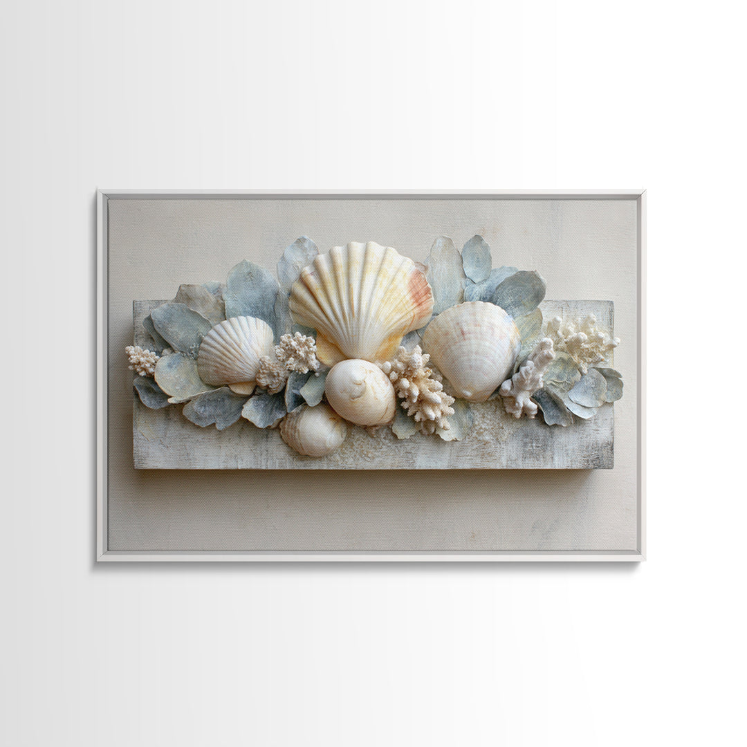Coral and Shell Arrangement Framed Canvas Print, Bathroom Art, Minimalist Decor, Bathroom Decor, Fine Art, Spa, Wall Hanging, BAT-3x2-15