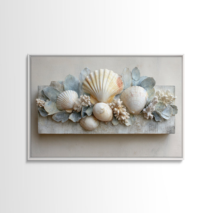 Coral and Shell Arrangement Framed Canvas Print, Bathroom Art, Minimalist Decor, Bathroom Decor, Fine Art, Spa, Wall Hanging, BAT-3x2-15