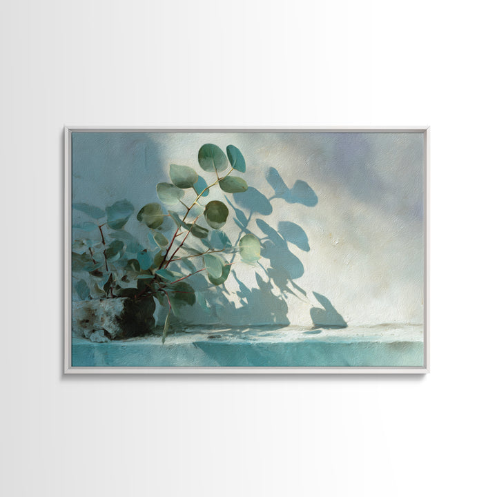 Sunlit Window Plant Shadow on Plaster Canvas Print, Bathroom Art, Digital Art, Bathroom Decor, Oil Painting, Spa, BAT-3x2-22