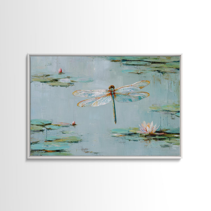Delicate Dragonfly Above a Pond Surface Framed Canvas Print, Bathroom Art, Home Decor, Bathroom Decor, Fine Art, Spa, BAT-3x2-28