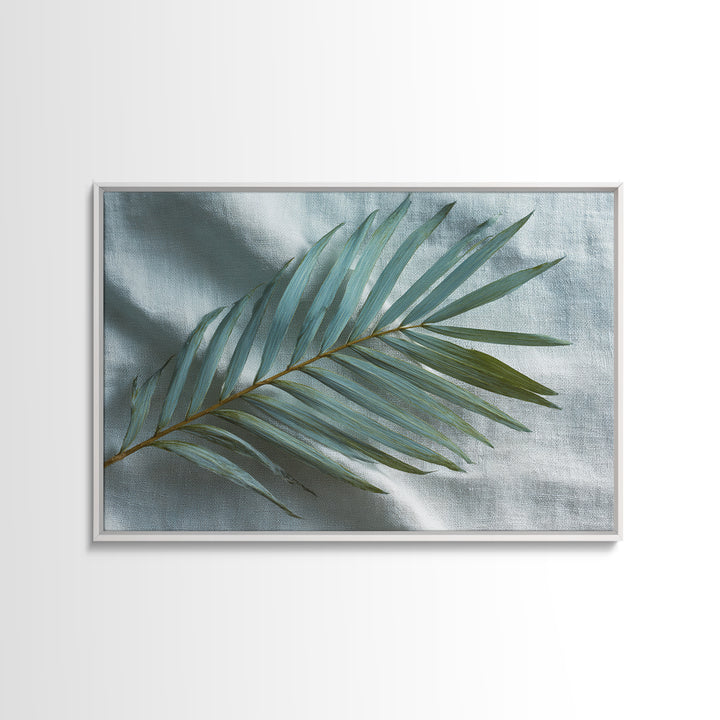 Simple Palm Frond on Off White Linen Canvas Print, Bathroom Art, Poster, Bathroom Decor, Abstract Art, Spa, Digital Print, BAT-3x2-3