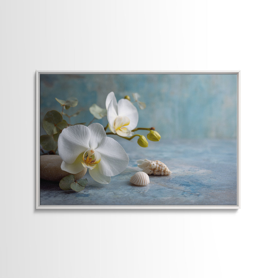 White Orchid on Warm Stone Background Canvas Print, Bathroom Art, Custom Pet Portrait, Bathroom Decor, Fine Art, Spa, BAT-3x2-32
