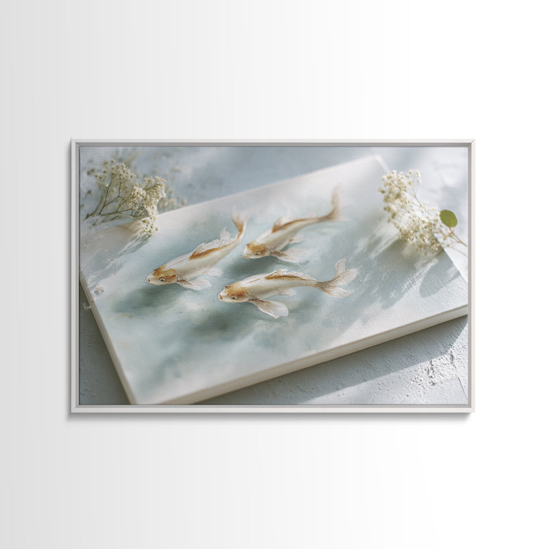 Minimal Koi Fish Swimming Through Clear Water Framed Canvas Print, Bathroom Art, Bathroom Wall Art, Bathroom Decor, Spa, BAT-3x2-36