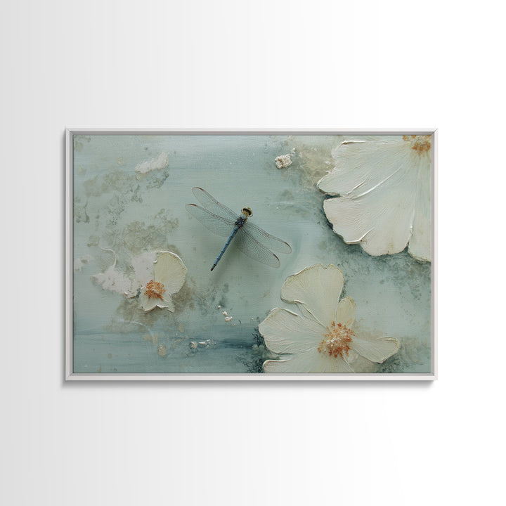 Delicate Dragonfly Above a Pond Surface Canvas Print, Bathroom Art, Room Decor, Bathroom Decor, Oil Painting, Spa, BAT-3x2-4