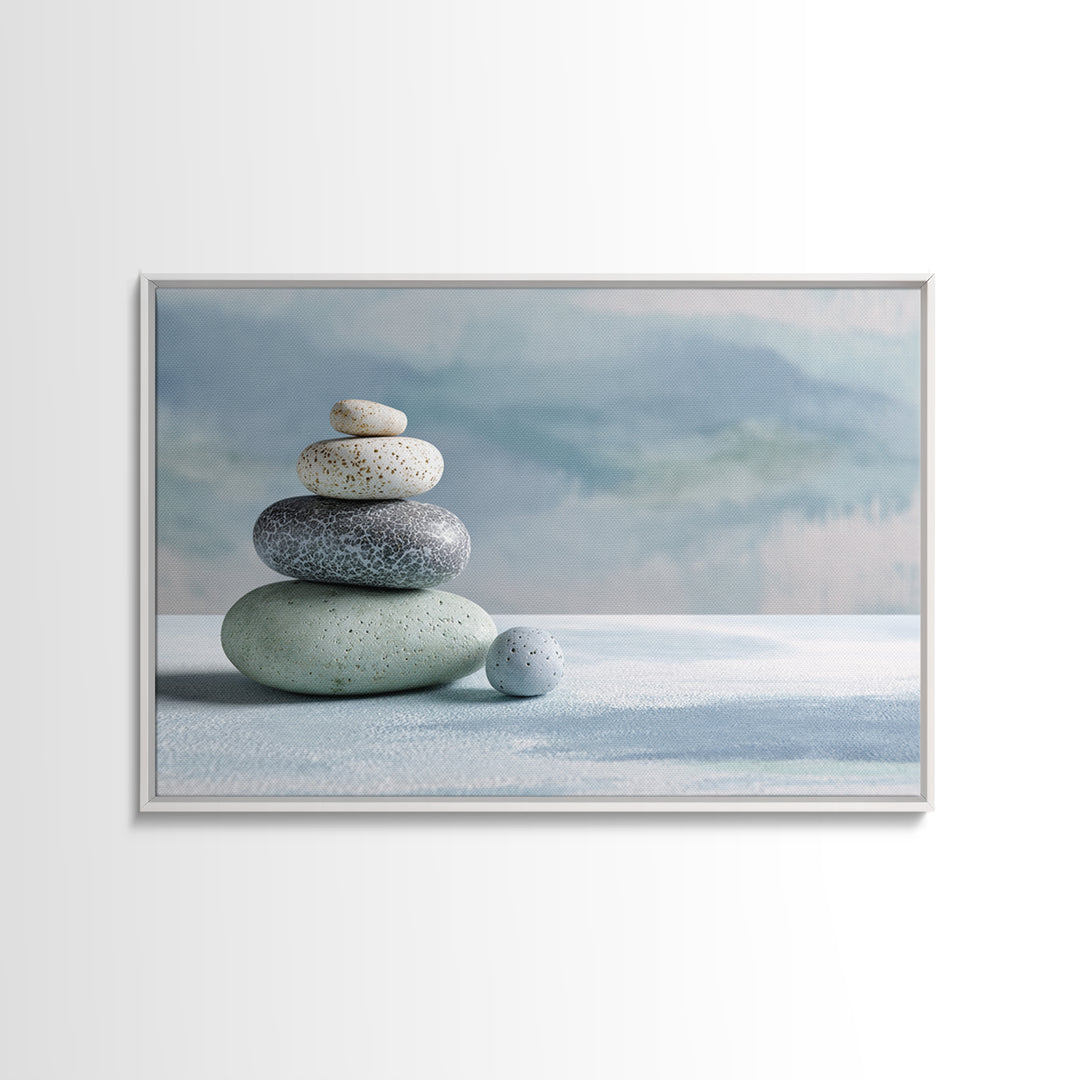 Monochrome Pebble Stack Framed Canvas Print, Bathroom Art, Bathroom Decor, Watercolor Art, Spa, Funny Bathroom Art, BAT-3x2-41