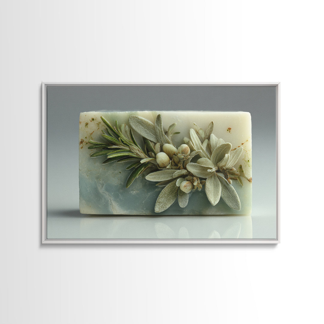 Botanical Bath Herb Arrangement Framed Canvas Print, Bathroom Art, Dopamine Decor, Bathroom Decor, Fine Art, Spa, Halloween Art, BAT-3x2-45