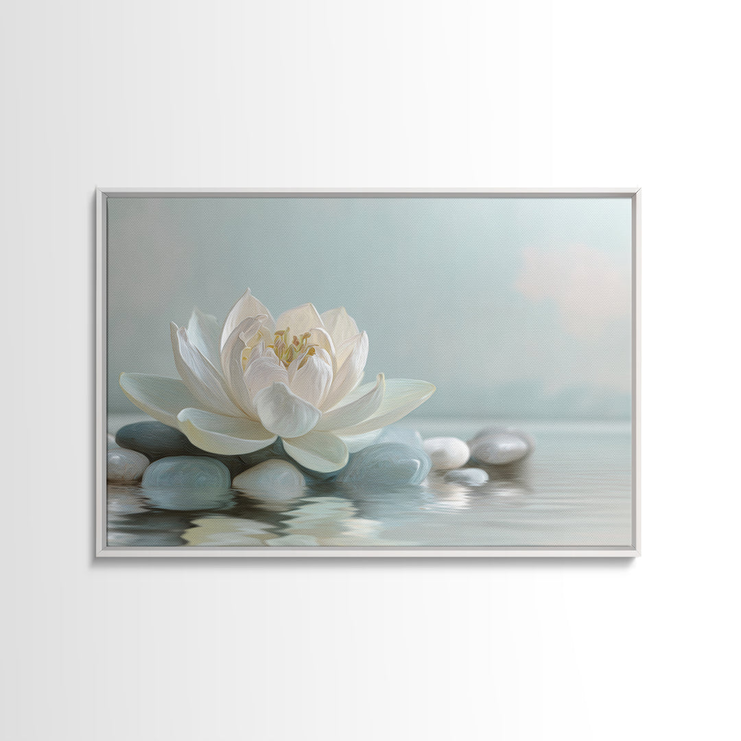 Lotus Flower Floating on Calm Water Canvas Print, Bathroom Art, Framed Wall Art, Bathroom Decor, Spa, Bathroom Art Decor, BAT-3x2-48