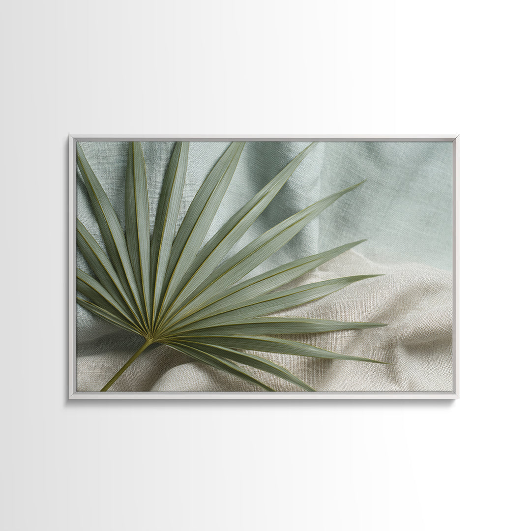 Simple Palm Frond on Off White Linen Canvas Print, Bathroom Art, Canvas Wall Art, Bathroom Decor, Spa, Bathroom Wallpaper, BAT-3x2-51
