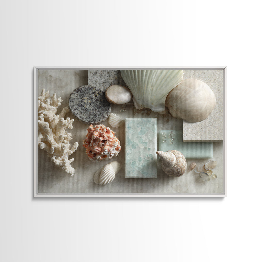 Coral and Shell Arrangement Framed Canvas Print, Bathroom Art, Contemporary Art, Bathroom Decor, Fine Art, Spa, Framed Wall Art, BAT-3x2-63
