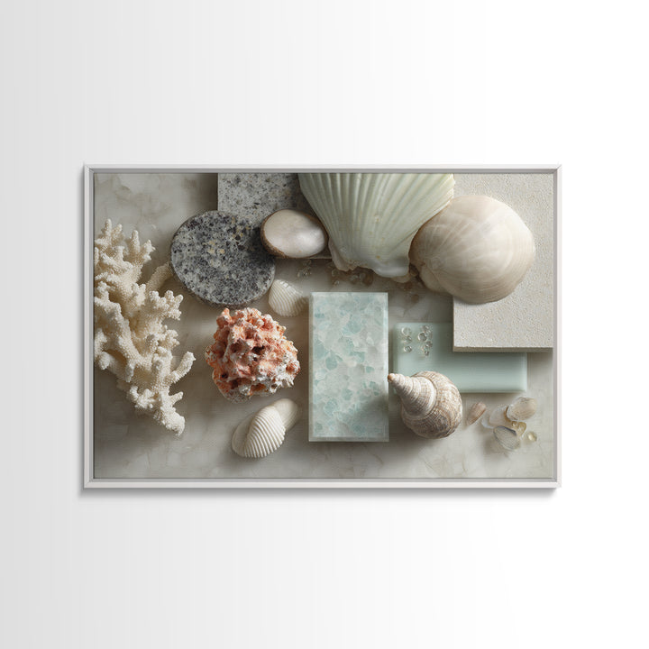 Coral and Shell Arrangement Framed Canvas Print, Bathroom Art, Contemporary Art, Bathroom Decor, Fine Art, Spa, Framed Wall Art, BAT-3x2-63