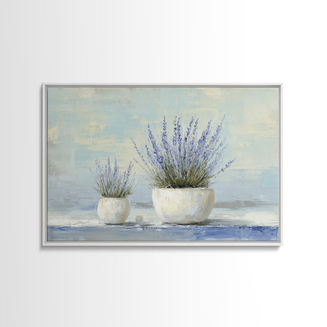 Lavender Sprigs in a Ceramic Vase Framed Canvas Print, Bathroom Art, Retro Wall Art, Bathroom Decor, Abstract Art, Spa, BAT-3x2-64