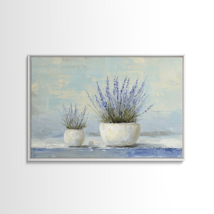 Lavender Sprigs in a Ceramic Vase Framed Canvas Print, Bathroom Art, Retro Wall Art, Bathroom Decor, Abstract Art, Spa, BAT-3x2-64