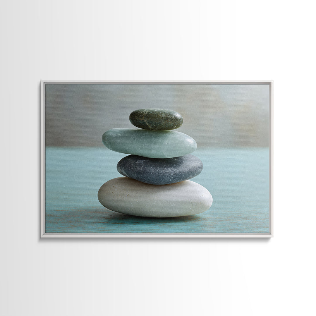Monochrome Pebble Stack Framed Canvas Print, Bathroom Art, Bathroom Decor, Watercolor Art, Spa, Funny Bathroom Art, BAT-3x2-65