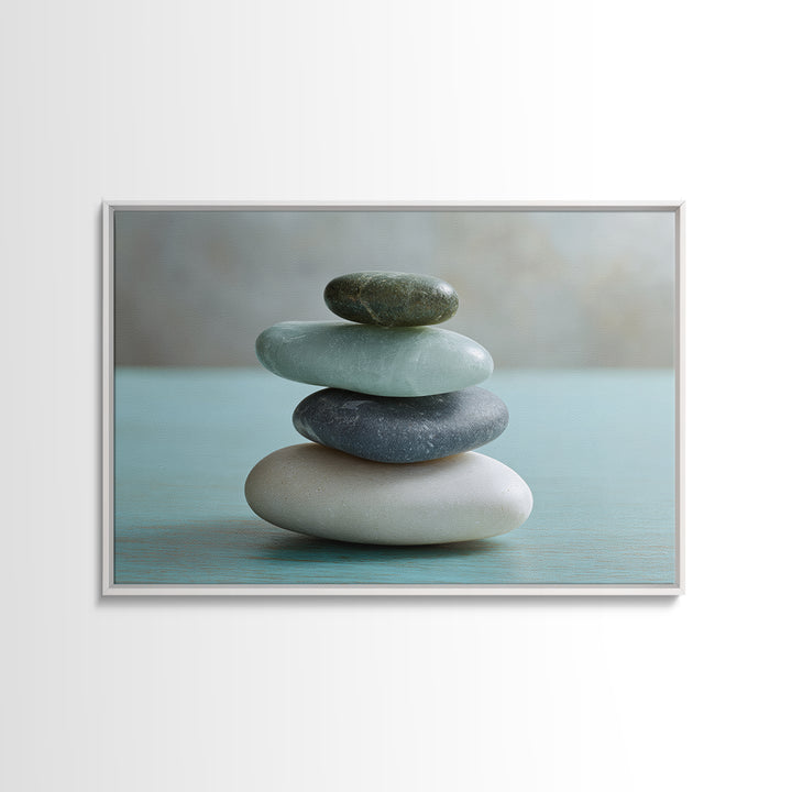 Monochrome Pebble Stack Framed Canvas Print, Bathroom Art, Bathroom Decor, Watercolor Art, Spa, Funny Bathroom Art, BAT-3x2-65
