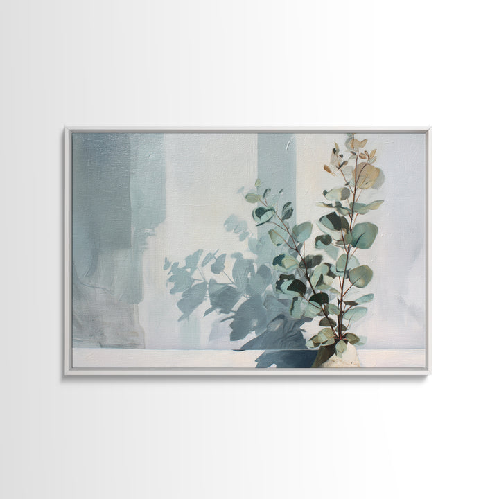 Sunlit Window Plant Shadow on Plaster Framed Canvas Print, Bathroom Art, Bathroom Wall Art, Bathroom Decor, Fine Art, Spa, BAT-3x2-70