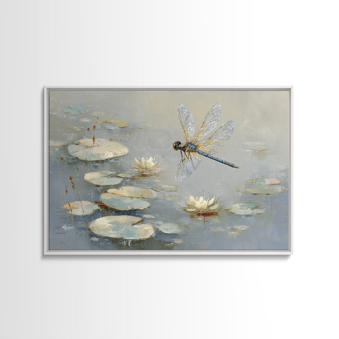 Delicate Dragonfly Above a Pond Surface Canvas Print, Bathroom Art, Unique Wall Art, Bathroom Decor, Spa, Gallery Decor, BAT-3x2-76