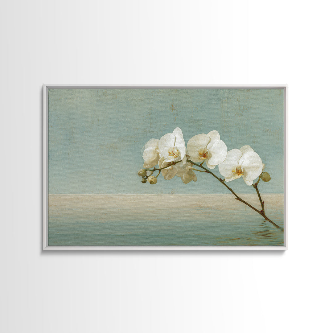 White Orchid on Warm Stone Background Framed Canvas Print, Bathroom Art, Poster, Bathroom Decor, Oil Painting, Spa, BAT-3x2-8