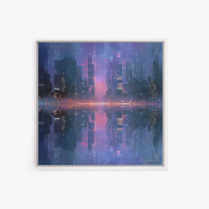 Monochrome City Skyline Reflected Framed Canvas Print, Black and White Art, Living Room Decor, Abstract Art, Monochrome, BAW-1x1-11