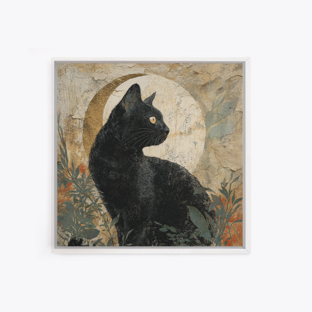 Black Cat Silhouette Framed Canvas Print, Black and White Art, Abstract Art, Living Room Decor, Watercolor Art, Monochrome, BAW-1x1-16