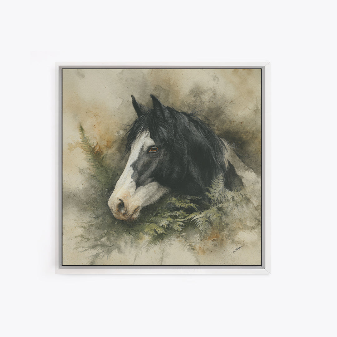 Black and White Wild Horse Portrait Framed Canvas Print, Black and White Art, Textured Painting, Living Room Decor, Monochrome, BAW-1x1-29