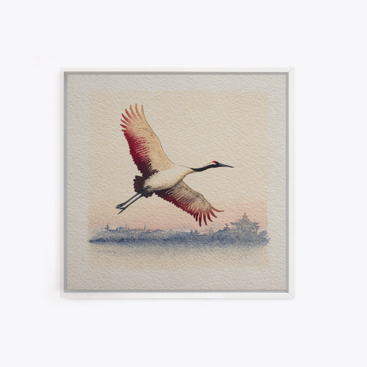 Black Ink Crane Flying Across Empty Sky Canvas Print, Black and White Art, Boho Decor, Living Room Decor, Monochrome, BAW-1x1-37