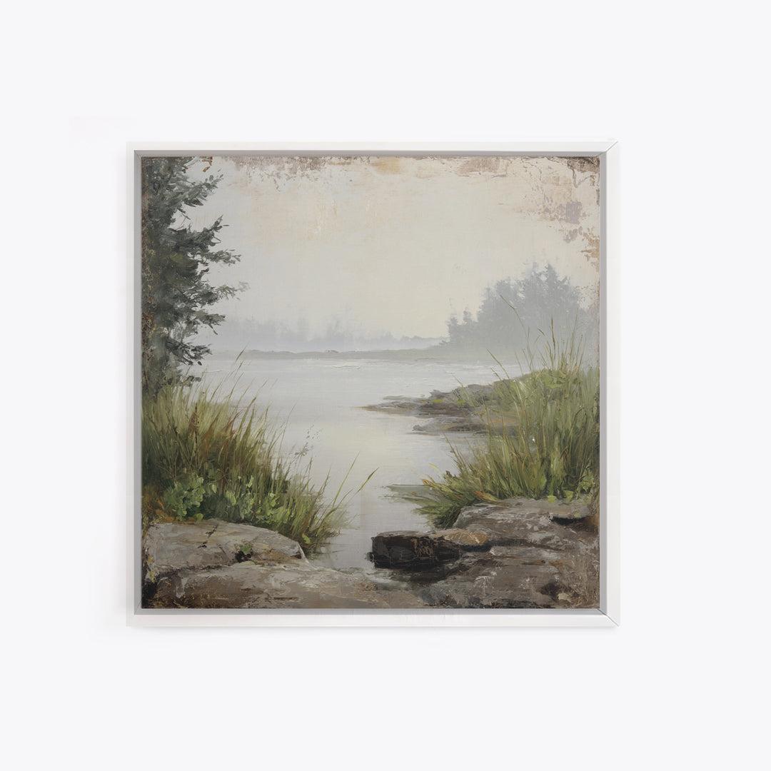 Misty Bridge Landscape Framed Canvas Print, Black and White Art, Modern Wall Art, Living Room Decor, Fine Art, Monochrome, BAW-1x1-43