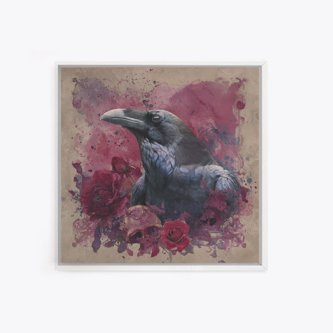 Ink Splatter Raven Composition Framed Canvas Print, Black and White Art, Printable Wall Art, Living Room Decor, Monochrome, BAW-1x1-44