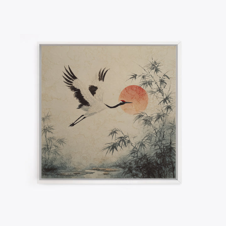 Black Ink Crane Flying Across Empty Sky Canvas Print, Black and White Art, Boho Decor, Living Room Decor, Monochrome, BAW-1x1-61