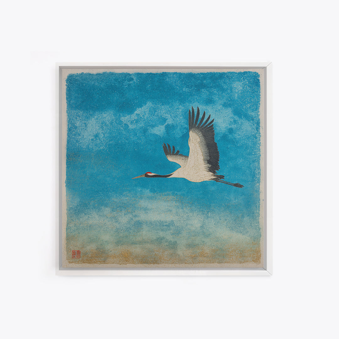 Black Ink Crane Flying Across Empty Sky Canvas Print, Black and White Art, Minimalist Decor, Living Room Decor, Monochrome, BAW-1x1-85