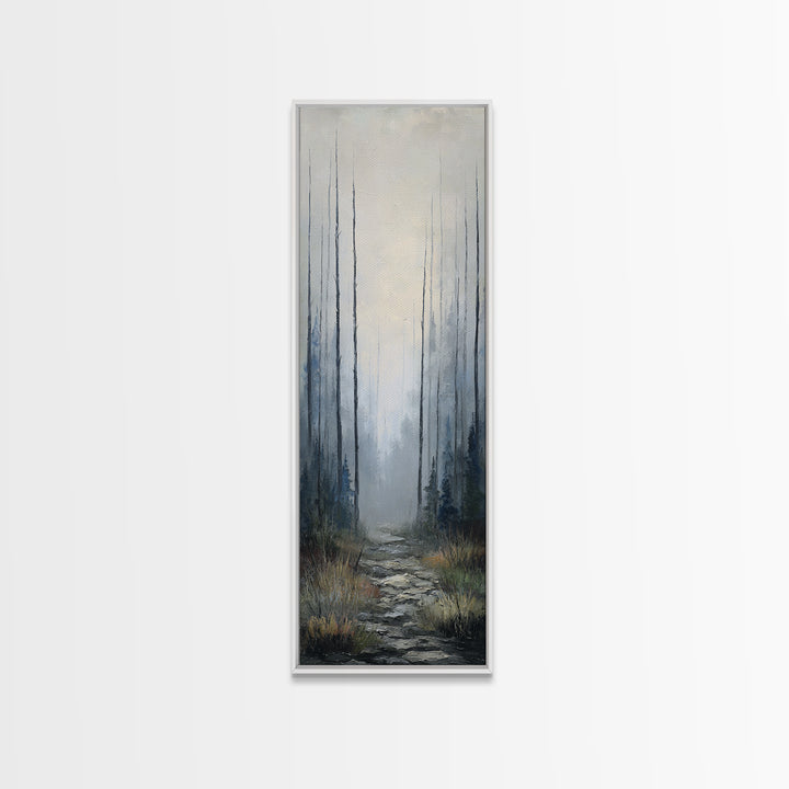 Moody Foggy Forest Framed Canvas Print, Black and White Art, Gothic Decor, Living Room Decor, Oil Painting, Monochrome, BAW-1x3-19