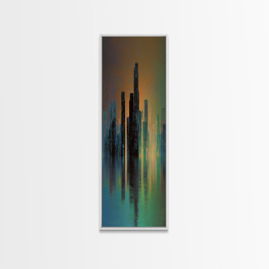 Monochrome City Skyline Reflected Canvas Print, Black and White Art, Living Room Decor, Abstract Art, Monochrome, BAW-1x3-23