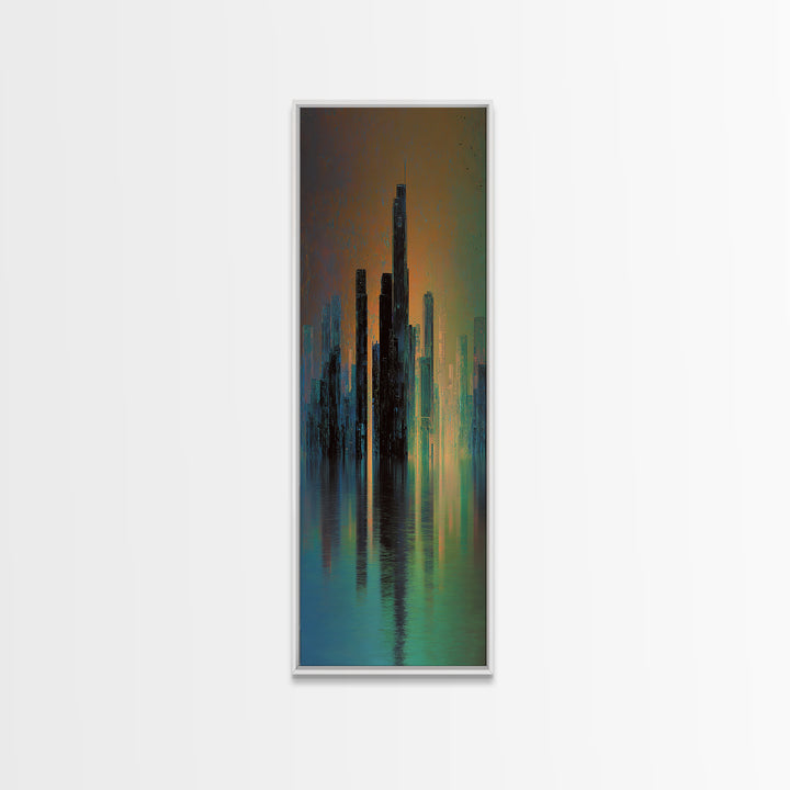 Monochrome City Skyline Reflected Canvas Print, Black and White Art, Living Room Decor, Abstract Art, Monochrome, BAW-1x3-23