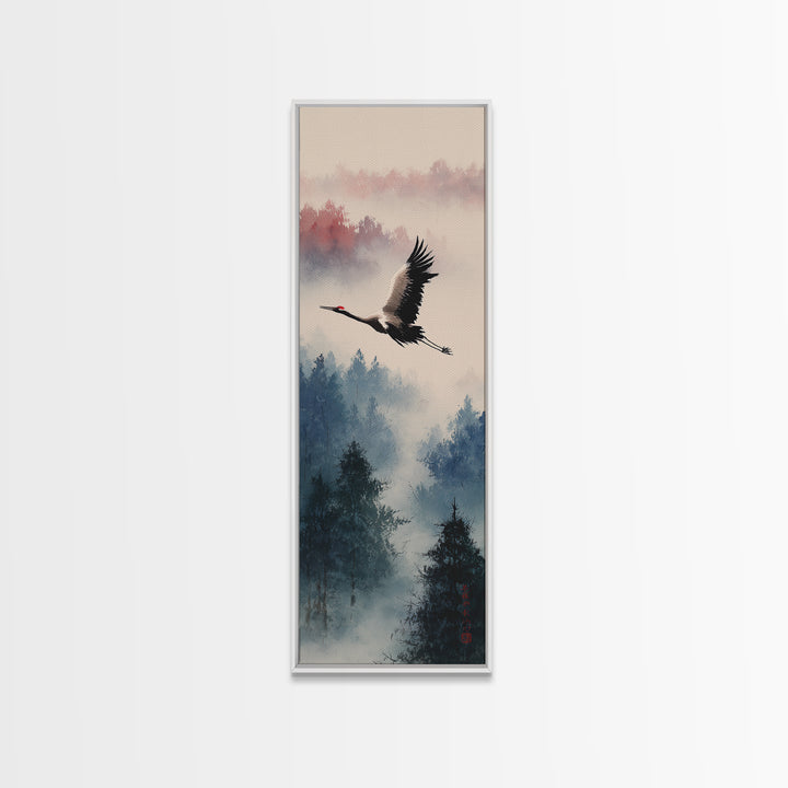 Black Ink Crane Flying Across Empty Sky Canvas Print, Black and White Art, Printable, Living Room Decor, Fine Art, Monochrome, BAW-1x3-25