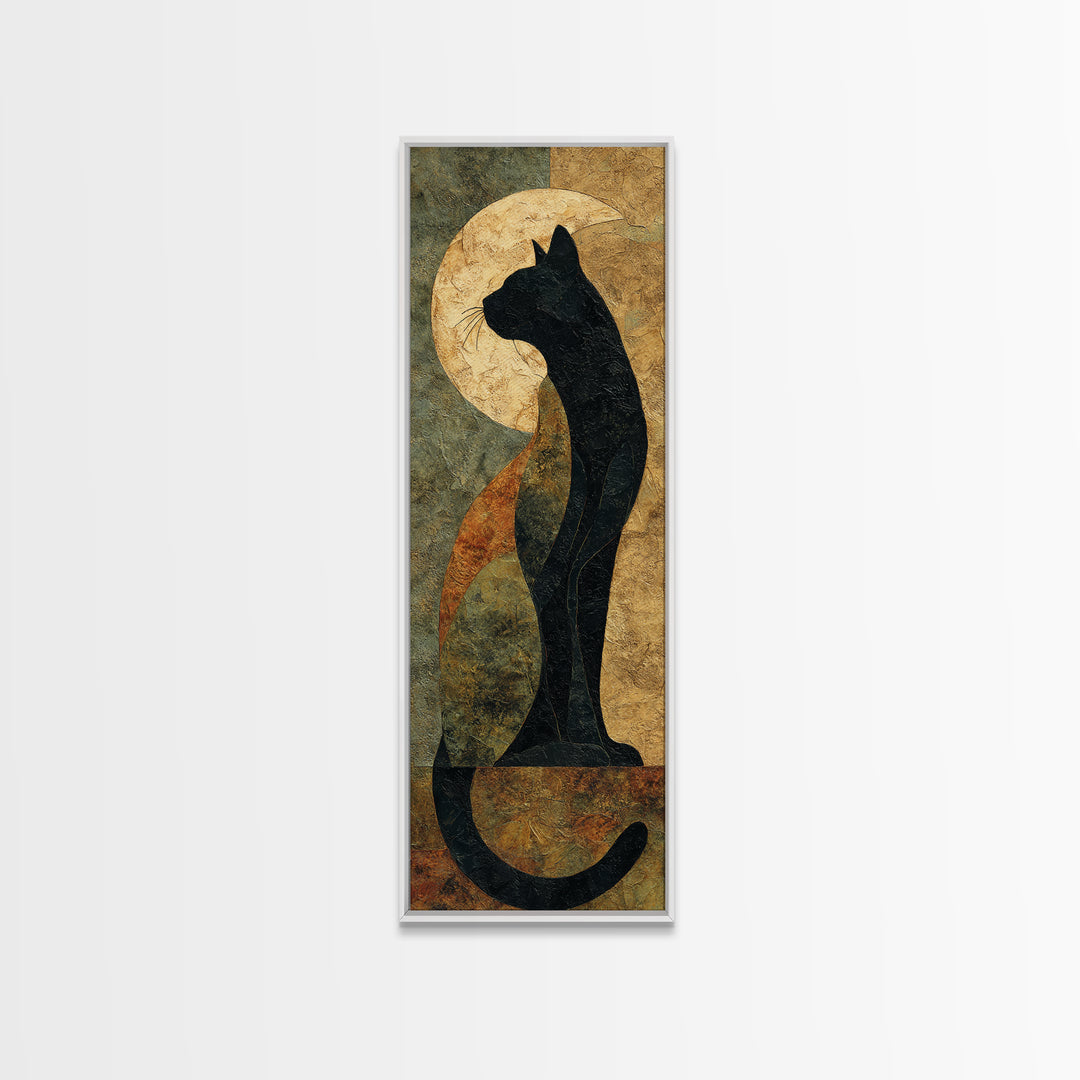 Black Cat Silhouette Canvas Print, Black and White Art, Digital Prints, Living Room Decor, Fine Art, Monochrome, Wood Wall Art, BAW-1x3-28