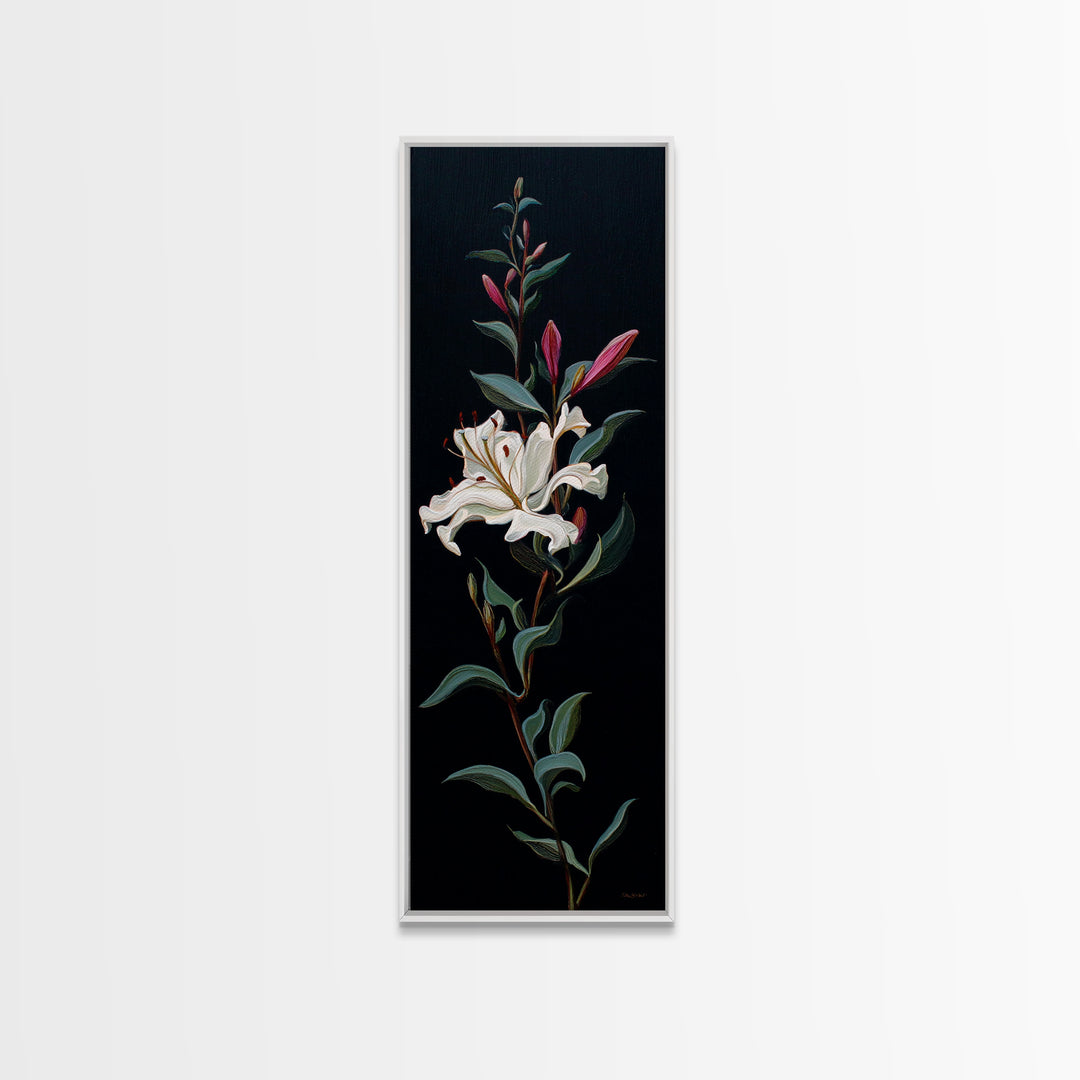 White Flower on Deep Black Background Canvas Print, Black and White Art, Digital Art, Living Room Decor, Watercolor Art, BAW-1x3-48