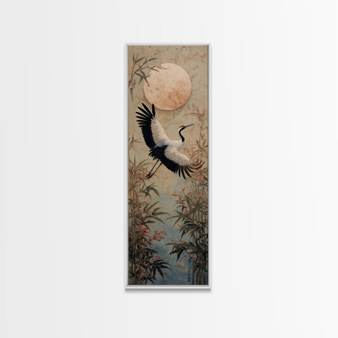 Black Ink Crane Flying Across Empty Sky Canvas Print, Black and White Art, Modern Decor, Living Room Decor, Monochrome, BAW-1x3-49
