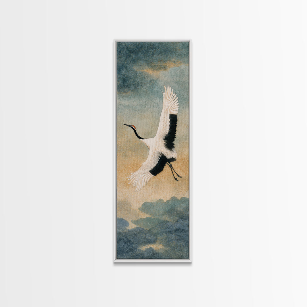 Black Ink Crane Flying Across Empty Sky Canvas Print, Black and White Art, Gothic Decor, Living Room Decor, Monochrome, BAW-1x3-73