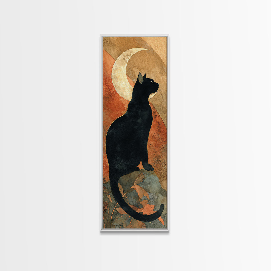 Black Cat Silhouette Framed Canvas Print, Black and White Art, Modern Wall Art, Living Room Decor, Oil Painting, Monochrome, BAW-1x3-76