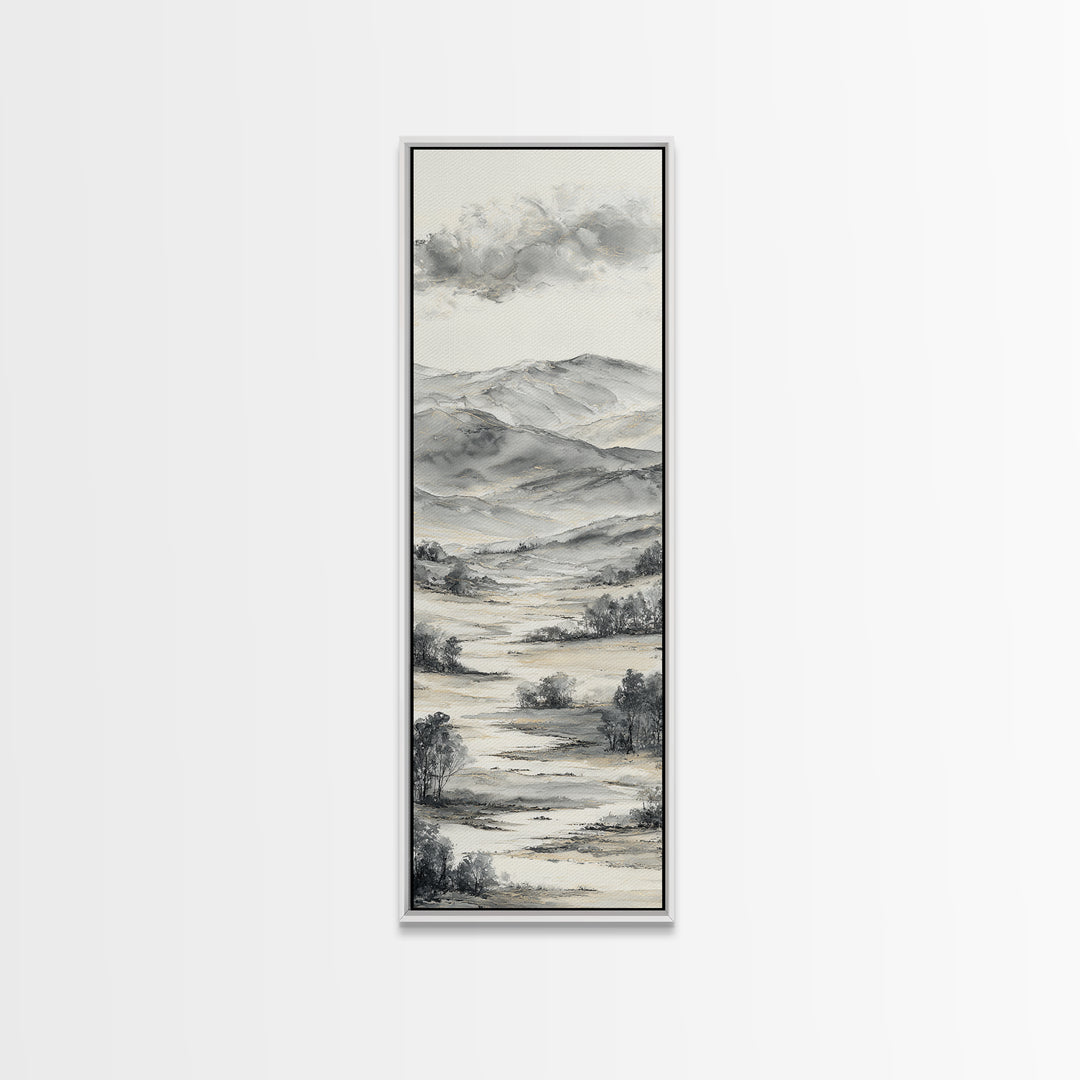 Black Ink Mountain Range Canvas Print, Black and White Art, Contemporary Art, Living Room Decor, Fine Art, Monochrome, BAW-1x3-86