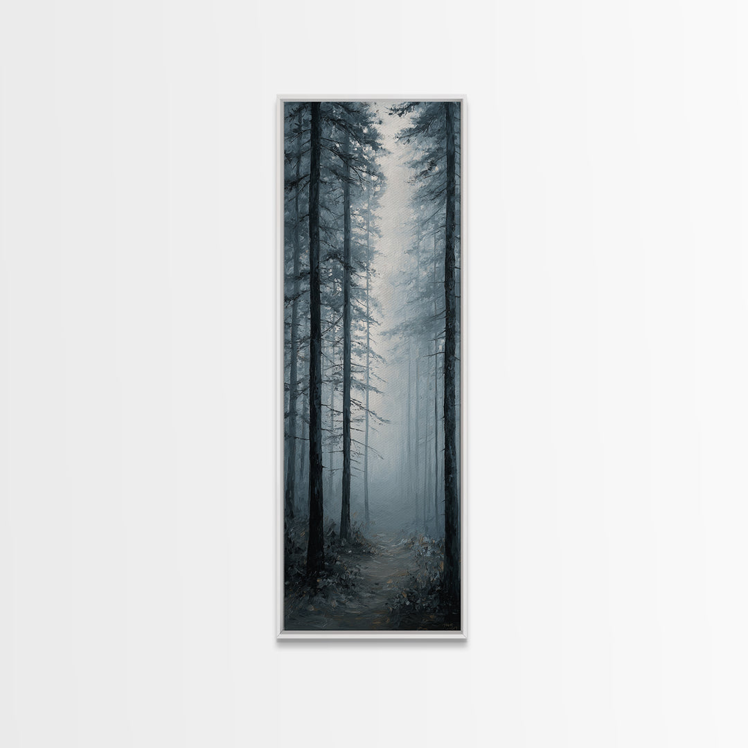 Moody Foggy Forest Framed Canvas Print, Black and White Art, Boho Decor, Living Room Decor, Monochrome, Halloween Decor, BAW-1x3-91