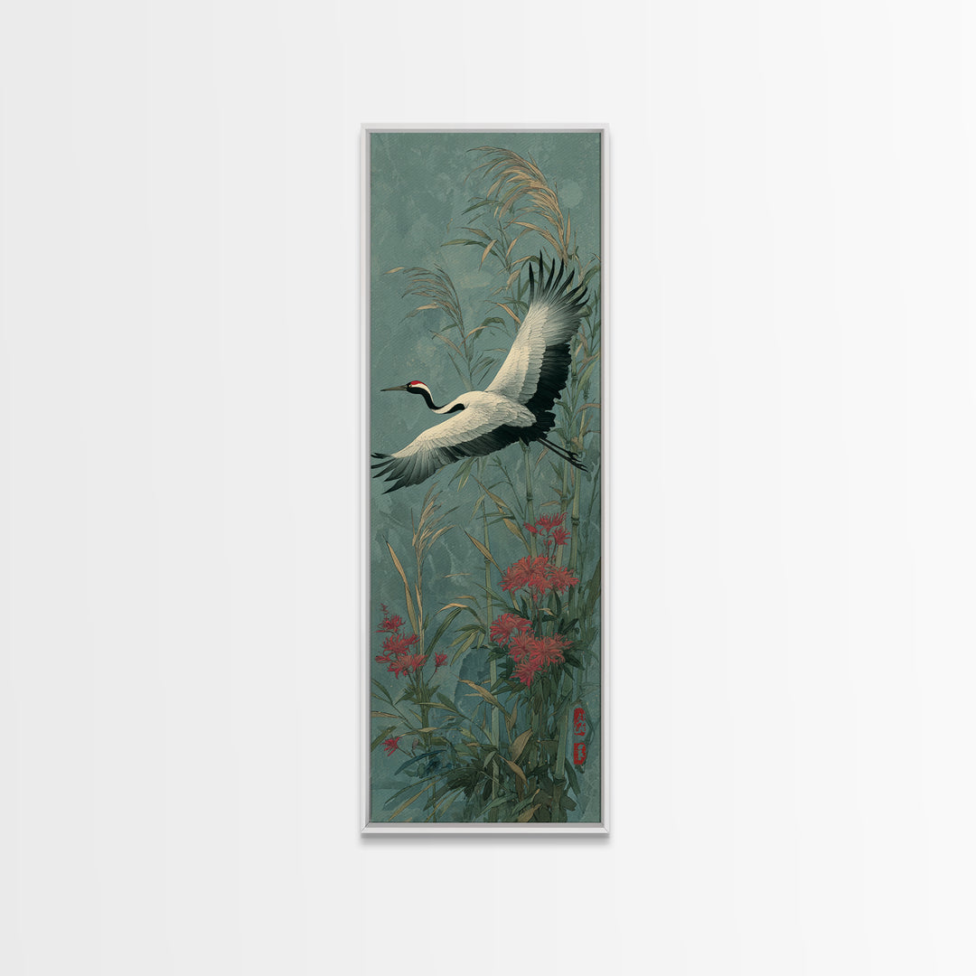 Black Ink Crane Flying Across Empty Sky Canvas Print, Black and White Art, Boho Decor, Living Room Decor, Oil Painting, BAW-1x3-97