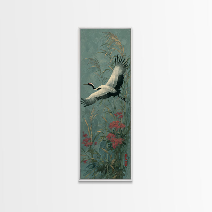 Black Ink Crane Flying Across Empty Sky Canvas Print, Black and White Art, Boho Decor, Living Room Decor, Oil Painting, BAW-1x3-97