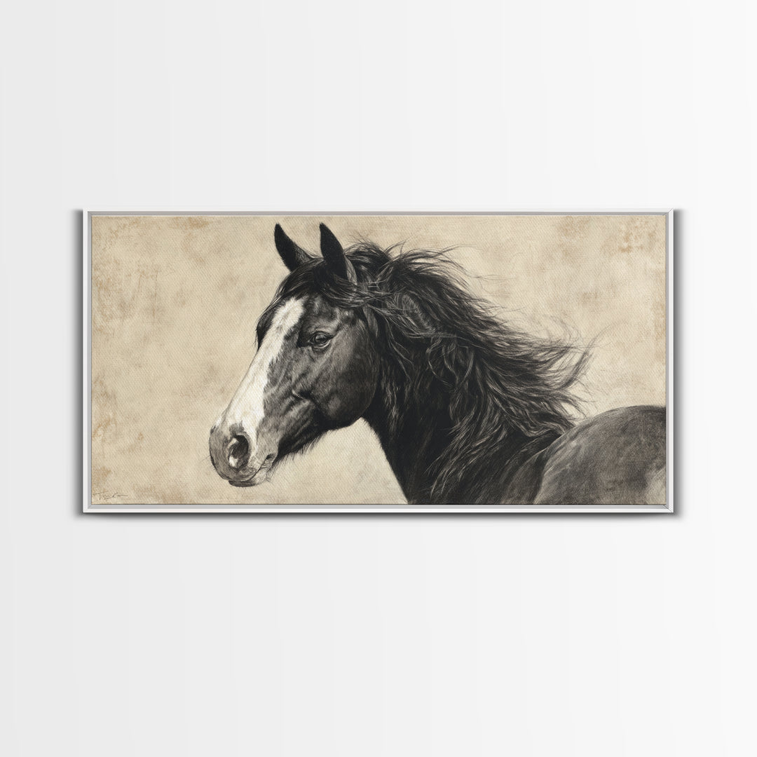 Black and White Wild Horse Portrait Framed Canvas Print, Black and White Art, Art Print, Living Room Decor, Monochrome, BAW-2x1-1