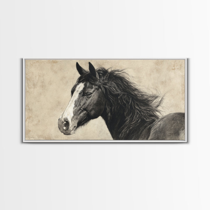 Black and White Wild Horse Portrait Framed Canvas Print, Black and White Art, Art Print, Living Room Decor, Monochrome, BAW-2x1-1