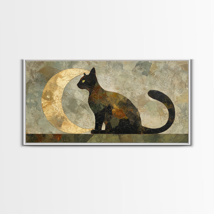 Black Cat Silhouette Framed Canvas Print, Black and White Art, Room Decor, Living Room Decor, Fine Art, Monochrome, Art Print, BAW-2x1-12