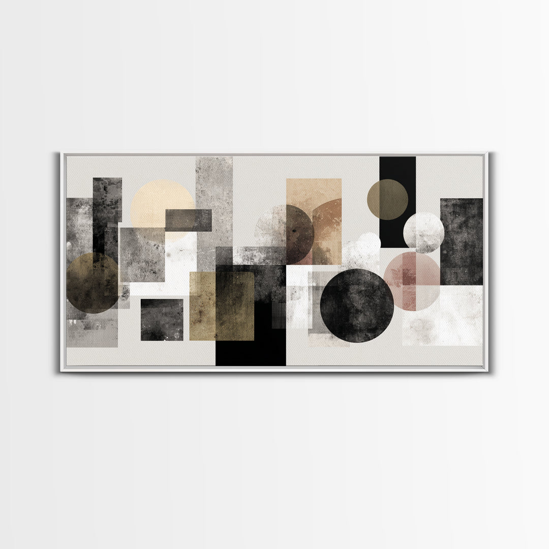 Geometric Bauhaus Grayscale Shapes Framed Canvas Print, Black and White Art, Luxury Decor, Living Room Decor, Abstract Art, BAW-2x1-14