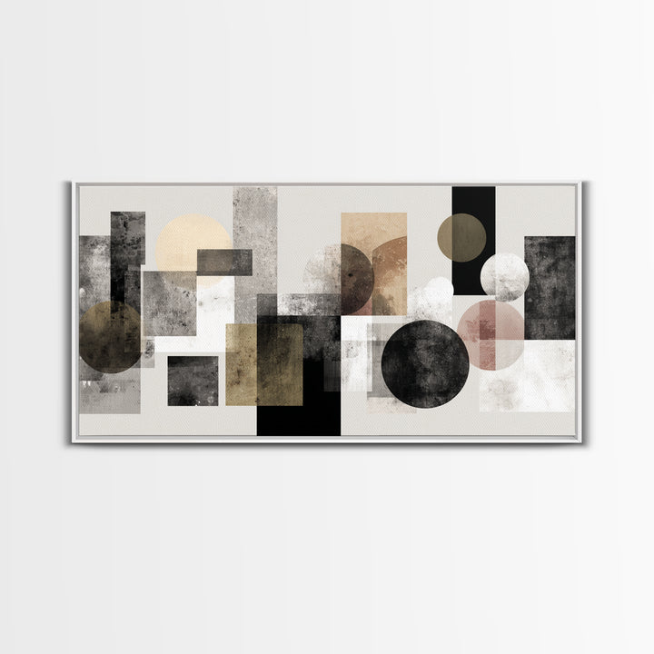 Geometric Bauhaus Grayscale Shapes Framed Canvas Print, Black and White Art, Luxury Decor, Living Room Decor, Abstract Art, BAW-2x1-14